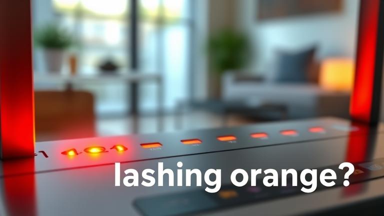 alt_text: Close-up of a broadband router's orange flashing LED, amid a home setting, titled "Why is my broadband flashing orange?"