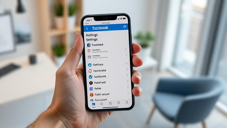 alt_text: Person in a clean workspace holding a smartphone with Facebook's account deletion screen.