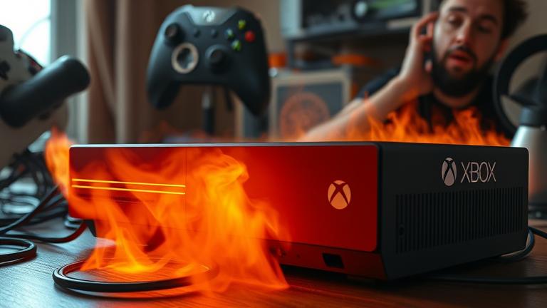 alt_text: Overheated Xbox with glow, smoke, tangled cables, fan, and worried gamer in warm lighting.