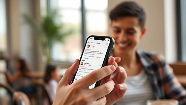 alt_text: Person smiling while reviewing Instagram comments on their phone in a cozy, casual setting.