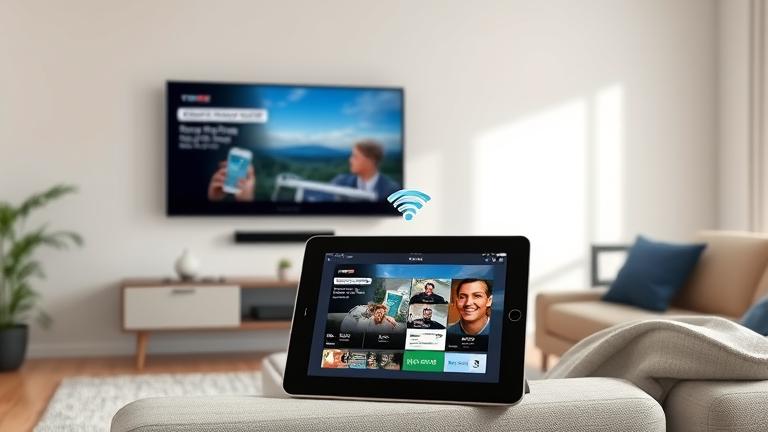alt_text: iPad sharing screen wirelessly to Samsung TV in modern living room setup.