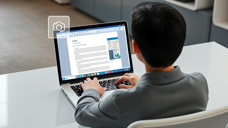 alt_text: Person screenshotting in Word on a laptop in a modern, professional setting.