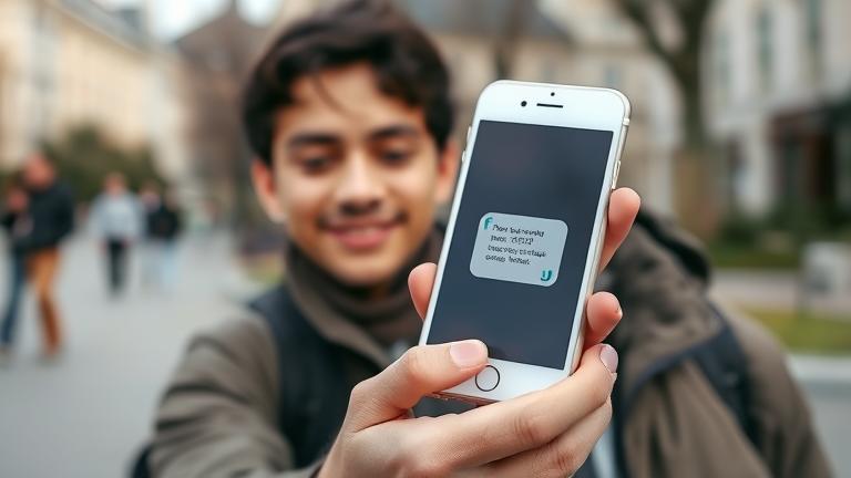 Alt_text: Person with found iPhone outdoors, smiling; hints at returning it with visible contact info.