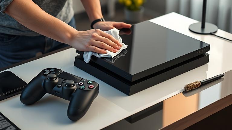 alt_text: Person cleaning a PS4 on a sleek desk in a cozy gaming room, emphasizing care and cleanliness.