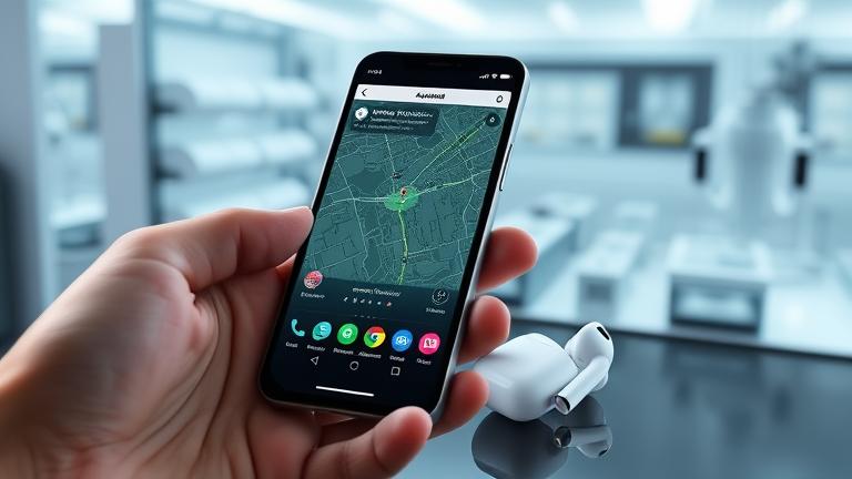 alt_text: Android phone tracking AirPods with map icons and signals in a sleek tech setting.