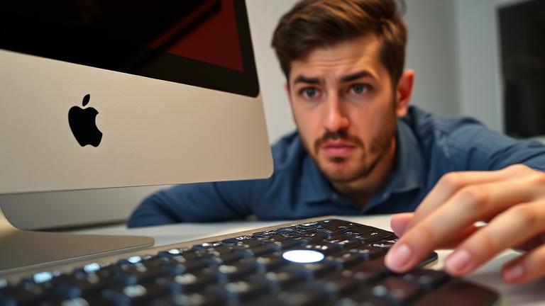 alt_text: Frustrated Mac user notices stuck Caps Lock key with lit indicator in a modern workspace.