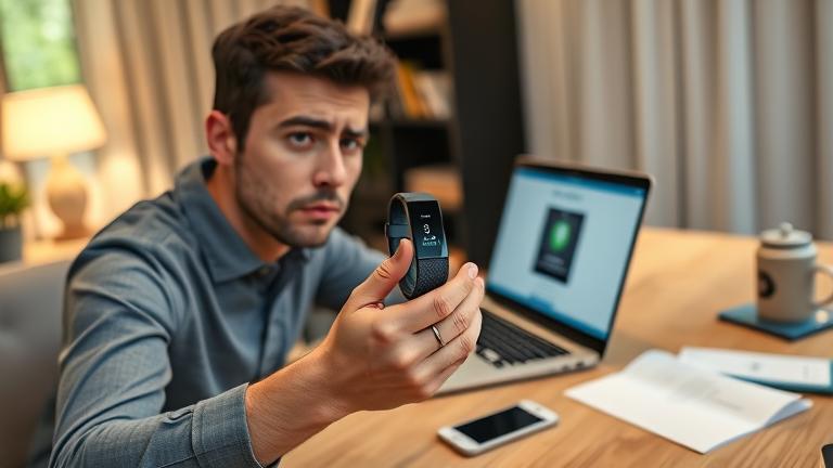 alt_text: Person frustrated with Fitbit Charge, troubleshooting at home office with laptop and manual.