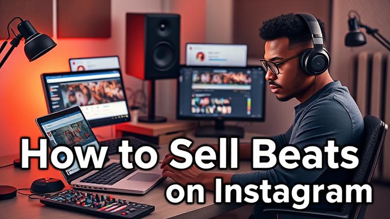 alt_text: Producer working on laptop with studio gear, Instagram beat posts, and overlay text "How to Sell Beats on Instagram."