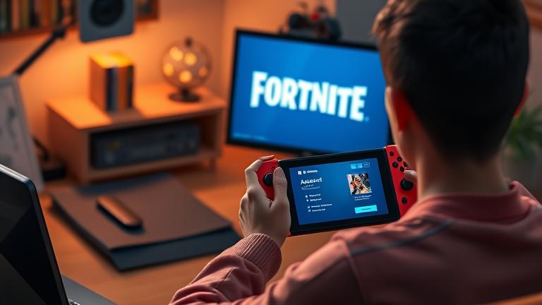 alt_text: Person at desk with Switch, viewing Fortnite account settings in cozy gaming space.