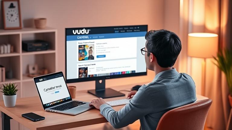 alt_text: Person canceling a rental on Vudu via computer, with a focus on the cancellation screen.