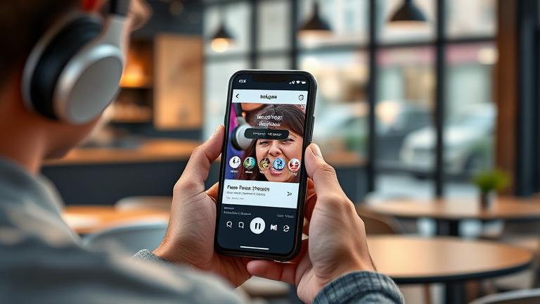 alt_text: Person sharing an audio file on Instagram with headphones, waveforms, and social icons.