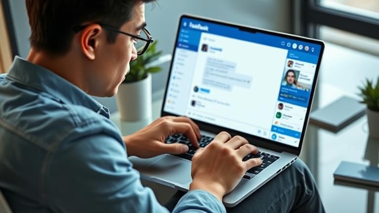 alt_text: Person exploring archived Facebook messages on a sleek device in a modern workspace.