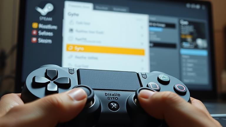 Alt_text: PS4 controller with gyro disabled in Steam settings, shown in close-up with Steam interface.
