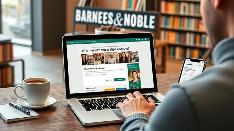 alt_text: Person cancels Barnes & Noble membership at desk, with coffee, bookstore, and chat on phone.
