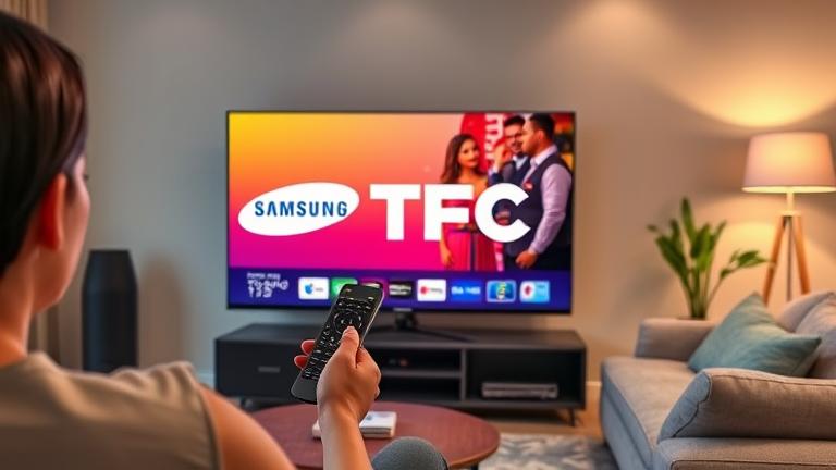 alt_text: Person watches TFC on Samsung Smart TV in a cozy living room, using the remote control.