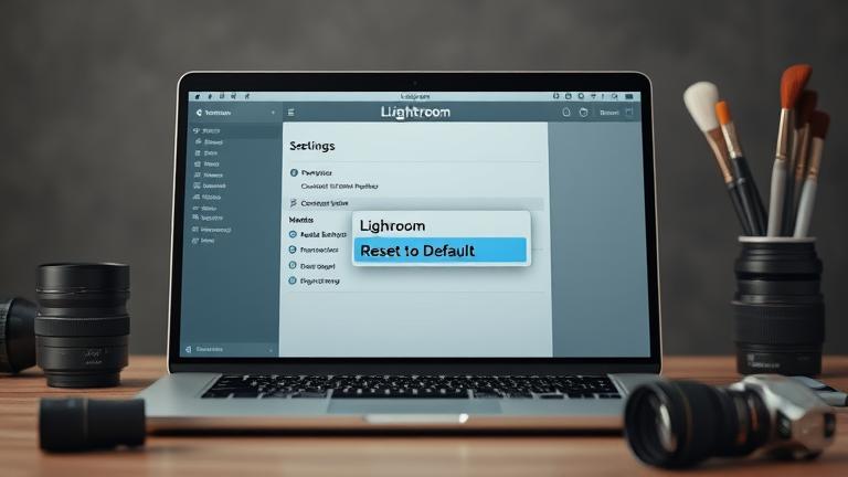alt_text: Laptop screen showing Lightroom's reset menu with editing tools and camera gear around.