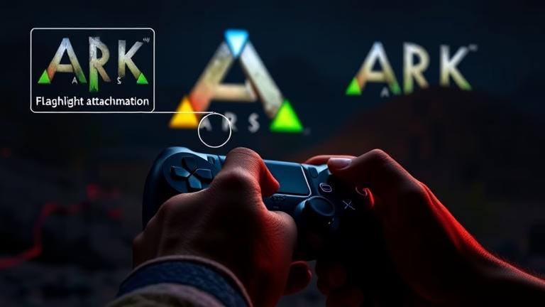 alt_text: Player's hand on PS4 controller with flashlight in ARK, dark landscape, immersive gameplay.