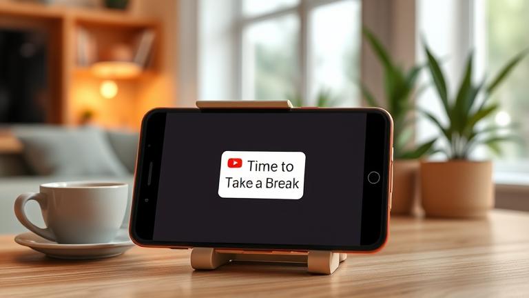 alt_text: Smartphone with YouTube app and "Time to Take a Break" reminder in a cozy workspace.
