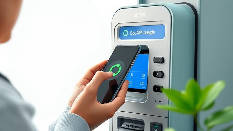 alt_text: Person resets smartphone at ecoATM kiosk, surrounded by green elements, highlighting eco-friendly tech recycling.