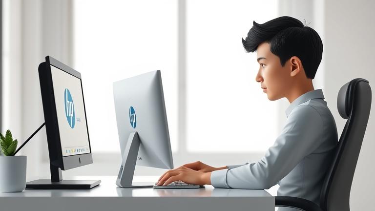 alt_text: Person at desk with HP computer, adjusting admin settings, Windows interface visible.