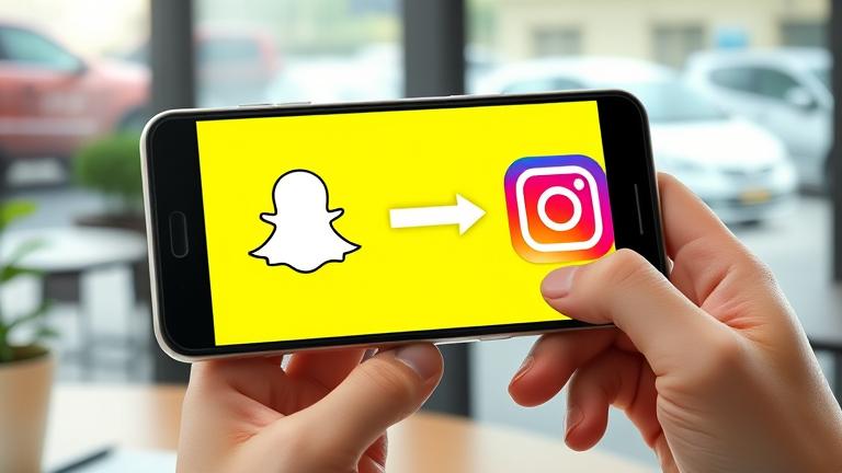 alt_text: Person holds phone showing Snapchat and Instagram icons linked with arrows.