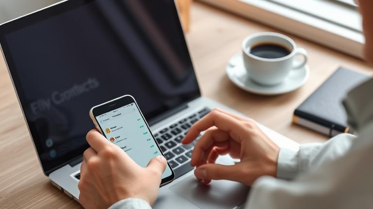 alt_text: Person managing email contacts on laptop with highlighted contacts, tidy desk, coffee.