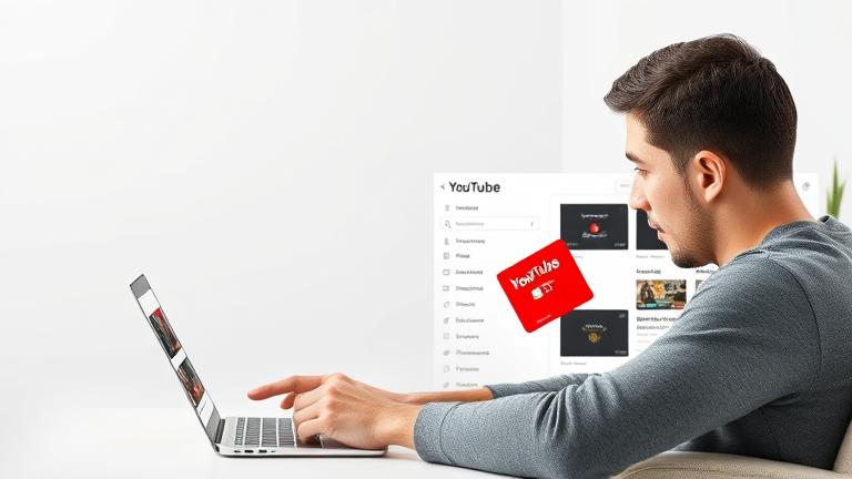 alt_text: Person removing a credit card from YouTube on laptop in a modern, clean setting.