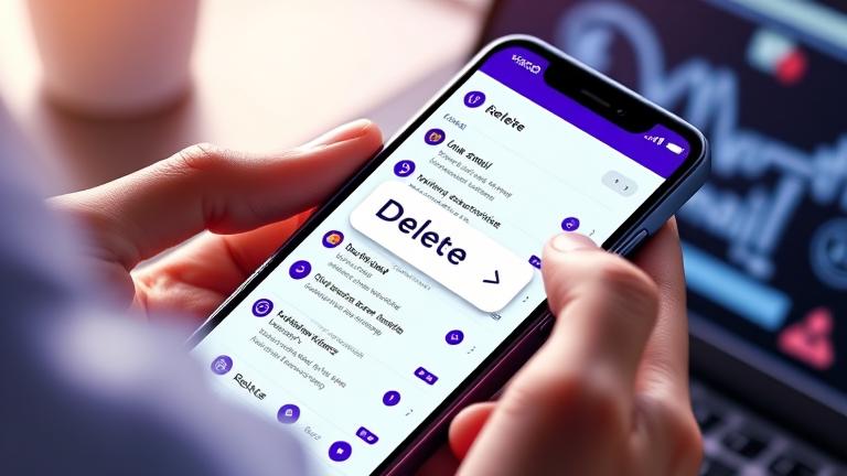 alt_text: Person using Yahoo Mail on phone, deleting emails easily in a digital workspace.