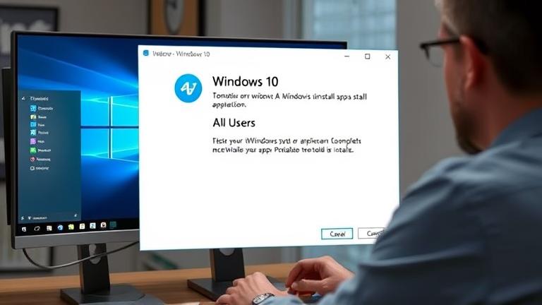 alt_text: Person installing a Windows 10 app for all users on a modern, professional desktop.