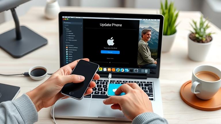 alt_text: Hands connect iPhone to laptop with update progress, in a modern, cozy workspace.