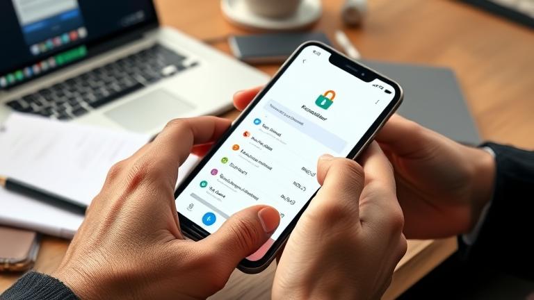 alt_text: Person managing Google Authenticator on phone at desk with laptop, notes, and secure setup.