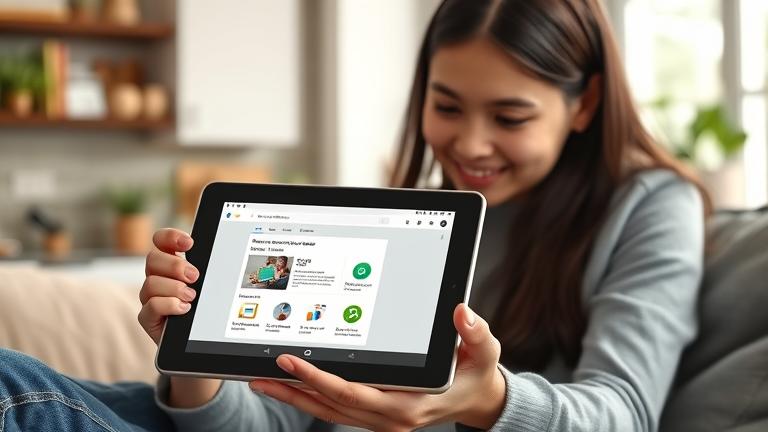 alt_text: Parent and child explore Google Classroom on a tablet in a cozy home, fostering learning.