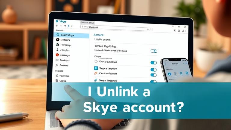 alt_text: Person manages Skype account on laptop, focusing on unlinking in settings, in a cozy workspace.