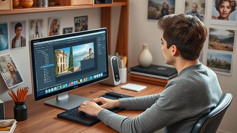 alt_text: Young adult editing images on Photoshop with tools, tablet, and prints nearby.