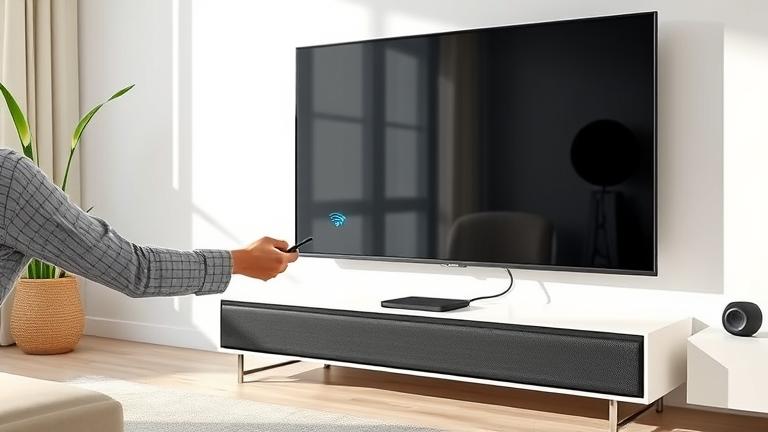 alt_text: Person connecting a sleek soundbar to a Samsung TV in a modern, bright living room.