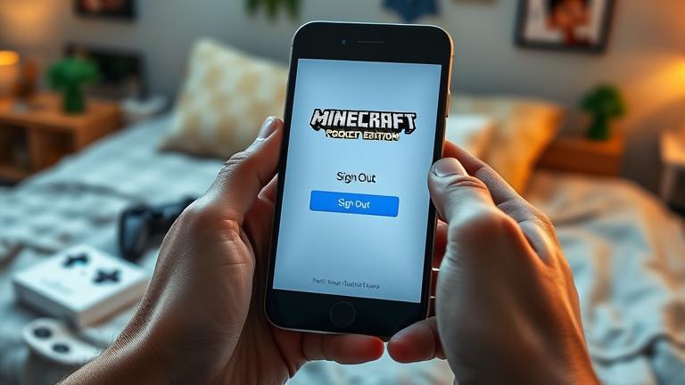 alt_text: Person holding phone with Minecraft PE main menu, cozy gaming setup in background.