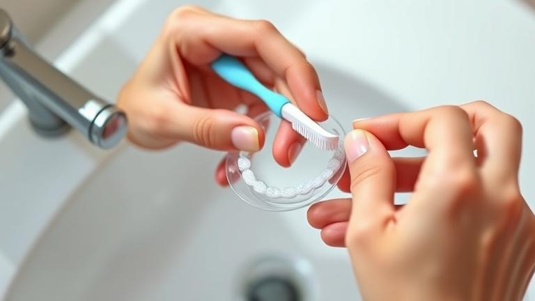 alt_text: Person cleaning clear aligners with a toothbrush over a clean sink, emphasizing care and cleanliness.