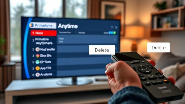 alt_text: Person uses remote to delete Primetime Anytime recordings on TV menu in cozy living room.
