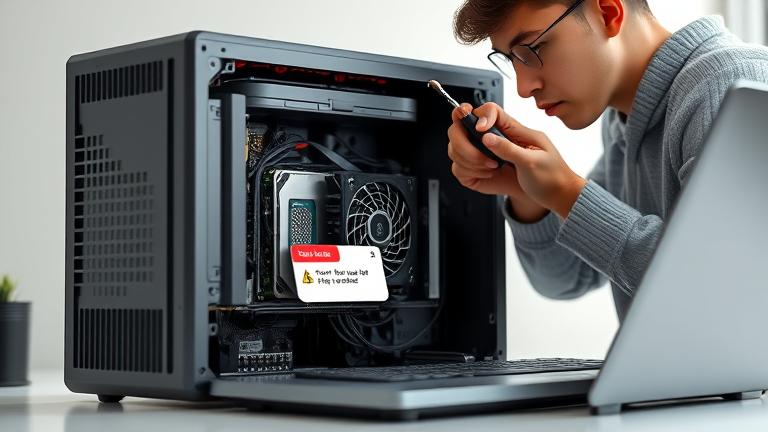 alt_text: Tech troubleshooting CPU fan error on a clean workspace with tools and warning on screen.