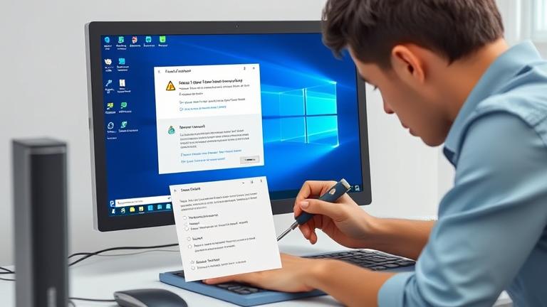alt_text: Person troubleshooting Windows 10 driver issues with warnings, tools, and a checklist overlay.