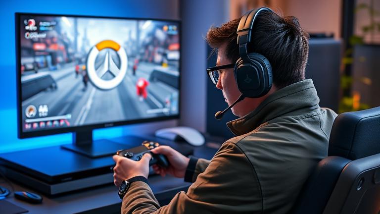 alt_text: Gamer focused on Overwatch on PS4 with console, high-res screen, and gaming gear.