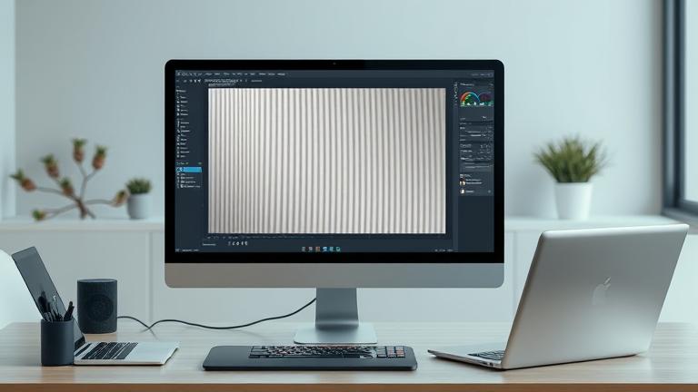 alt_text: Realistic Photoshop workspace with monitor editing a photo’s moiré pattern, surrounded by professional tools.