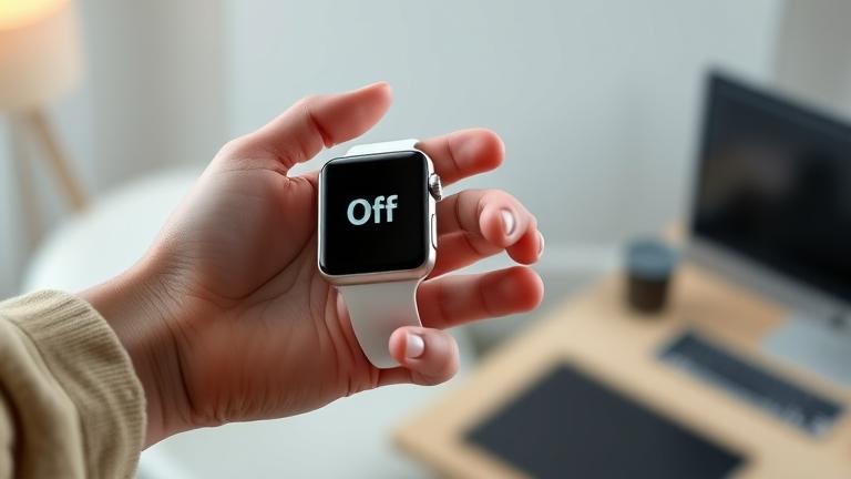 alt_text: Person turning off Apple Watch in a modern, well-lit setting, highlighting its sleek design.