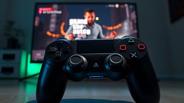 alt_text: PS4 controller with GTA 5 nighttime scene, highlighting flashlight activation in-game.