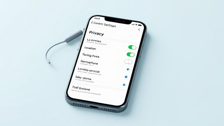 alt_text: iPhone screen in Settings app, showing Privacy section with toggles for location, camera, mic.