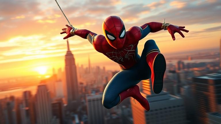 alt_text: Realistic Spider-Man PS4 swinging through NYC at sunset with motion blur and subtle clock overlay.