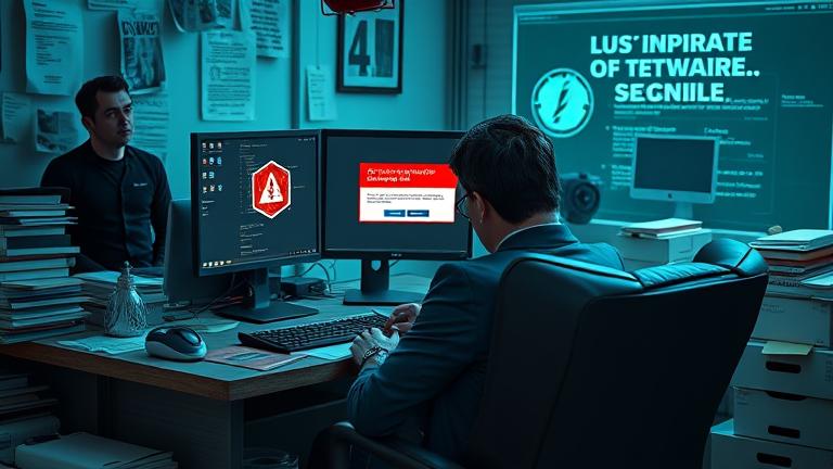 alt_text: Frustrated user facing a warning on a cracked Windows 10 screen, symbolizing security risks.