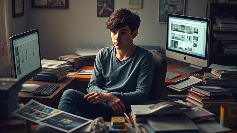 alt_text: A contemplative person at a cluttered desk reflects on deleting their Tumblr account.