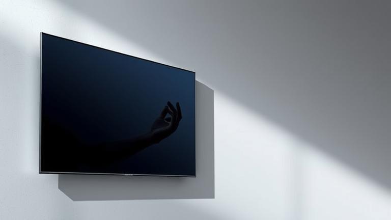 alt_text: Ultra-thin Samsung TV wall-mounted, sleek design, person interacting, modern, sophisticated.