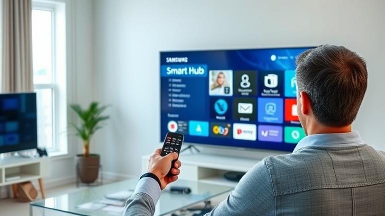 alt_text: Person uses Samsung Smart TV with remote, accessing Smart Hub menu in a sleek, well-lit room.